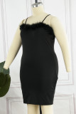 Черное сексуальное повседневное однотонное лоскутное платье с открытой спиной и квадратным воротником на бретелях Платья больших размеров