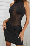 Vestidos de falda de lápiz con cuello en O transparente de patchwork sólido sexy negro