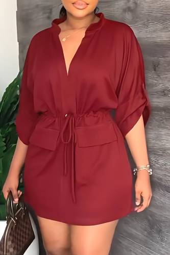 Red Street Solid Draw String V Neck Waist Skirt Dresses