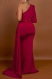 Red Sexy Formal Solid Patchwork Oblique Collar Evening Dress (Without Belt)