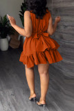Khaki Casual Sweet Solid Patchwork Flounce With Belt Asymmetrical V Neck A Line Dresses