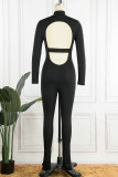 Black Sexy Solid Backless Half A Turtleneck Skinny Jumpsuits