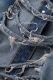 Veste en jean bleu clair décontracté uni déchiré patchwork col rabattu manches longues