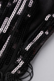 Черное сексуальное однотонное платье с кисточками в стиле пэчворк на тонких бретельках Платья