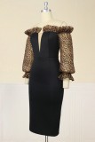 Negro sexy leopardo patchwork fuera del hombro vestidos de manga larga