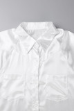 Weißes, lässiges, festes Patchwork-Schnallen-Hemdkleid mit Umlegekragen, Plus-Size-Kleider