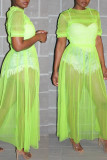Vestidos de cuello en O con pliegues transparentes de patchwork sólido sexy verde fluorescente