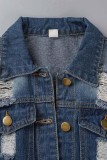 Baby Blue Casual Solid Turndown Collar Long Sleeve Regular Long Cardigan Ripped Denim Jacket