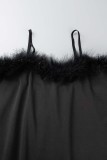 Schwarzes, sexy, lässiges, festes, rückenfreies Patchwork-Kleid mit quadratischem Kragen und Sling-Kleid in Übergröße