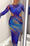 Vestidos de falda de lápiz con cuello en O sin espalda transparente con estampado de patchwork ahuecado en azul sexy