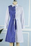 Синие повседневные прямые платья с полосатым принтом и повязками в стиле пэчворк с отложным воротником и пряжкой