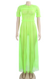 Vert Fluorescent Sexy Solid Patchwork See-through Fold O Neck Dresses