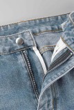 Blue Casual Solid Ripped High Waist Straight Denim Jeans