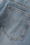 Blauwe casual effen gescheurde rechte spijkerbroek met hoge taille