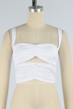 White Sexy Solid Hollowed Out Patchwork Fold Tops