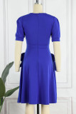 Koningsblauw casual effen patchwork met strik O-hals A-lijn jurken