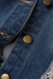 Jaqueta jeans azul bebê casual sólida rasgada patchwork gola redonda manga longa regular