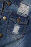 Mörkblå Casual Solid Ripped Patchwork Turndown-krage Långärmad vanlig jeansjacka