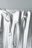 Серебряные повседневные однотонные базовые облегающие однотонные брюки с высокой талией и обычными однотонными брюками