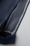 Giacca di jeans regolare senza maniche con colletto rovesciato con fibbia patchwork in tinta unita blu intenso