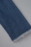 Dark Blue Casual Solid Turndown Collar Long Sleeve Regular Long Cardigan Ripped Denim Jacket