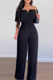 Apricot Casual Solid Patchwork Off the Shoulder Regular Jumpsuits
