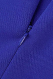 Patchwork tinta unita casual blu reale con abiti a una linea con scollo a V e fiocco