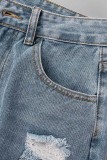 Blauwe casual effen gescheurde rechte spijkerbroek met hoge taille