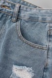 Blue Casual Solid Ripped High Waist Straight Denim Jeans