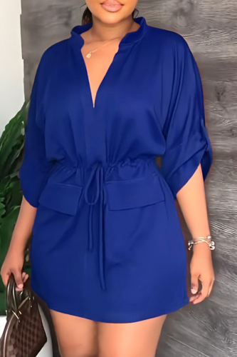 Blue Street Solid Draw String V Neck Waist Skirt Dresses
