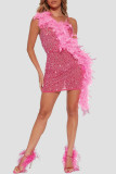 Pink Sexy Solid Patchwork Feathers Hot Drill Spaghetti Strap Sling Dress Kleider