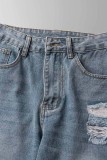 Синие повседневные однотонные рваные джинсы прямого кроя с высокой талией