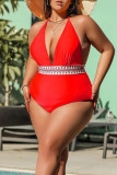 Rode Sexy Effen Patchwork Halter Plus Size Zwemkleding