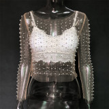 Bare Color Sexy Solid Patchwork Transparent Perles O Neck Tops