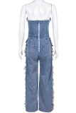 Blue Street Solid Rivets Ripped Make Old Patchwork Rits Strapless mouwloze rechte denim jumpsuits met hoge taille