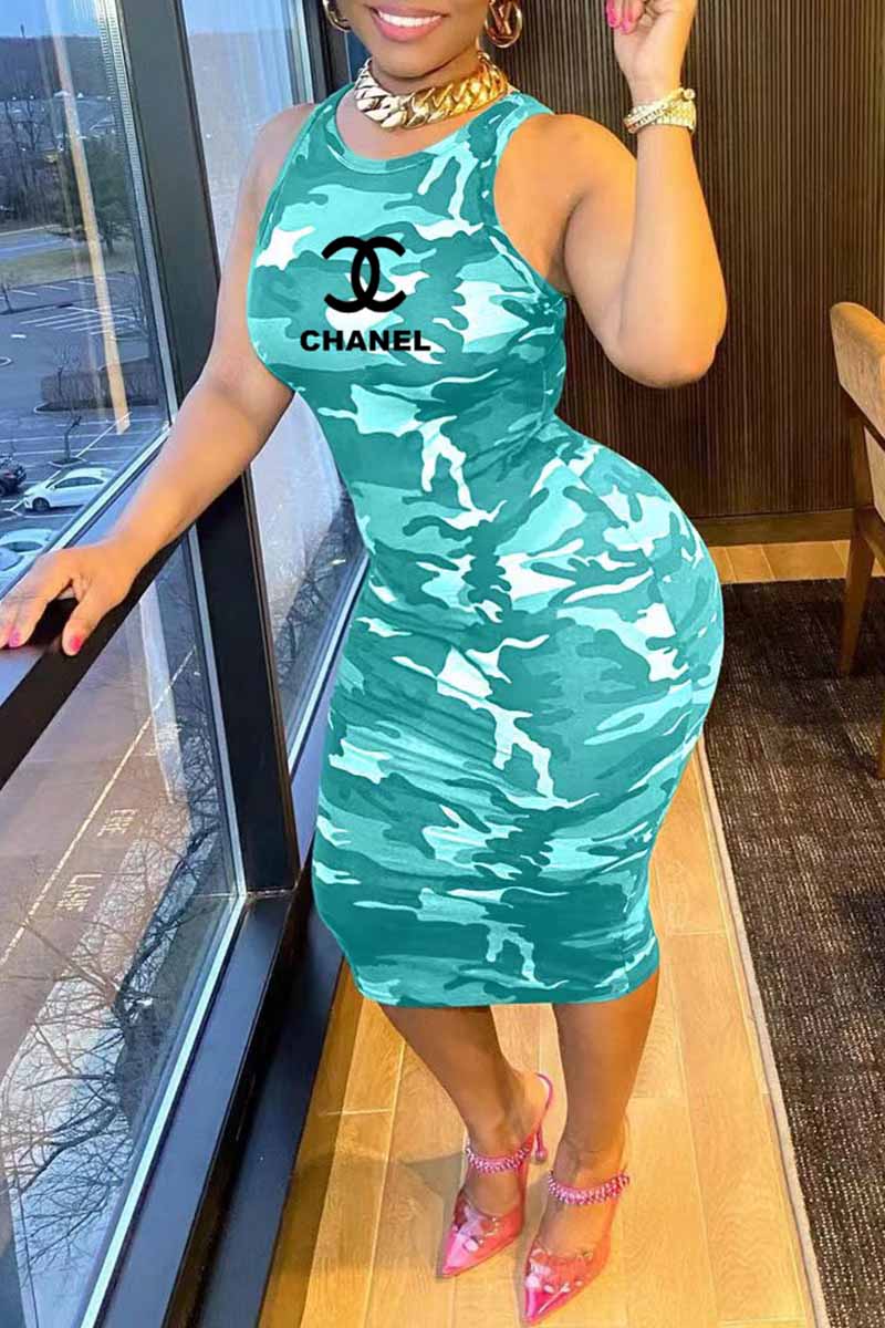 

Sky Blue Casual Street Camouflage Print Letter O Neck One Step Skirt Dresses