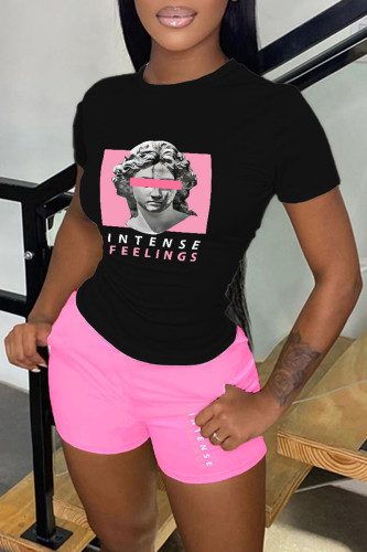 Black Pink Casual Print Draw String O Neck Short Sleeve Two Pieces