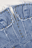 Blue Street Solid Rivets Ripped Make Old Patchwork Rits Strapless mouwloze rechte denim jumpsuits met hoge taille