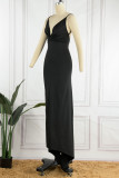 Черное сексуальное однотонное длинное платье в стиле пэчворк с V-образным вырезом Платья