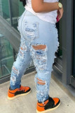 Blue Casual Street Solid Ripped Make Old Patchwork High Waist Denim Jeans