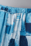 Ковбойский синий Повседневный принт Пэчворк О-образный вырез С коротким рукавом Из двух частей