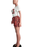 Red Casual Street Print Patchwork O Neck Short Sleeve Two Pieces