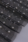 Negro sexy sólido patchwork transparente rebordear o cuello vestidos rectos