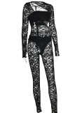 Zwart Sexy Effen Uitgehold Lapwerk Doorzichtige O-hals Skinny Jumpsuits (Drie Stukken)