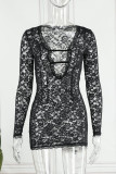 ブラック セクシー ソリッド パッチワーク シースルー V ネック ペンシル スカート ドレス