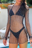 Skin Color Sexy Solid Patchwork See-through Beading Swimwears Cover Up