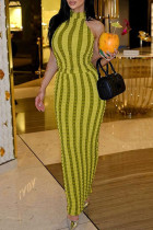 Vestidos de falda de tubo halter sin espalda de patchwork con estampado de rayas sexy verde amarillo