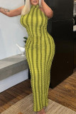 Vestiti dalla gonna a tubino senza schienale con stampa patchwork a righe sexy giallo verde
