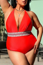 Röd Sexig Solid Patchwork Grimma Plus Size Badkläder