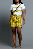 Noir Casual Street Print Patchwork O Neck Short Sleeve Two Pieces